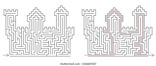 Brick castle labyrinth. Maze inside fortress with towers. Medium difficulty vector puzzle with entry and exit. Riddle with solution - red passing route. Logic game for kids of age from 2 to 10 years