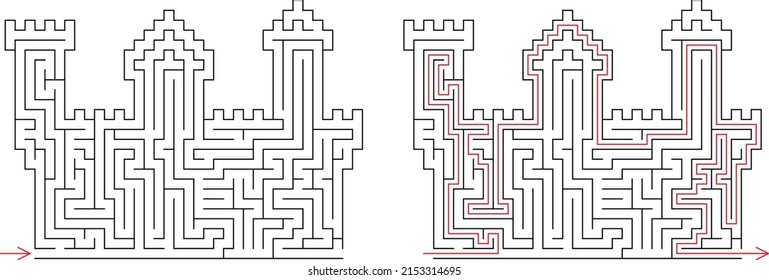 Brick castle labyrinth. Maze inside fortress with towers. Medium difficulty vector puzzle with entry and exit. Riddle with solution - red passing route. Logic game for kids of age from 2 to 10 years