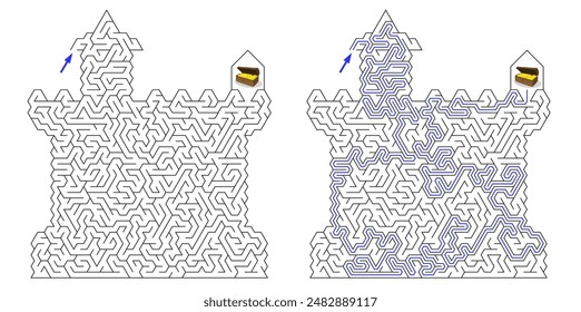 Brick castle labyrinth. Maze inside fortress with towers. Medium difficulty vector puzzle with goal to find a chest with golden coins. Riddle with solution - red passing route. 
