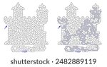 Brick castle labyrinth with underground dungeon. Maze inside fortress with towers. Medium difficulty vector puzzle with entry and exit. Riddle with solution. Logic game for kids.
