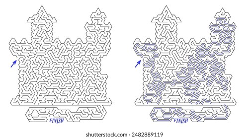 Brick castle labyrinth with underground dungeon. Maze inside fortress with towers. Medium difficulty vector puzzle with entry and exit. Riddle with solution. Logic game for kids.
