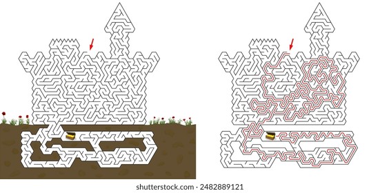 Brick castle labyrinth with underground dungeon. Maze inside fortress with towers with solution. Medium difficulty vector puzzle with goal to find a chest with golden coins. 
