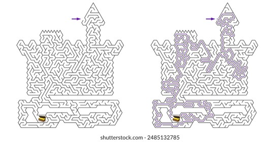 Brick castle labyrinth with underground dungeon. Maze inside fortress with towers. Medium difficulty vector puzzle with entry and exit. Riddle with solution - red passing route. Logic game for kids.