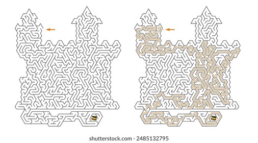 Brick castle labyrinth with underground dungeon. Maze inside fortress with towers. Medium difficulty vector puzzle with entry and exit. Riddle with solution - red passing route. Logic game for kids.