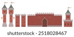 Brick castle with tall central entrance, four towers, with flags. Ideal for medieval themes, history illustrations, fantasy games, educational materials, or architectural studies. Simple flat style