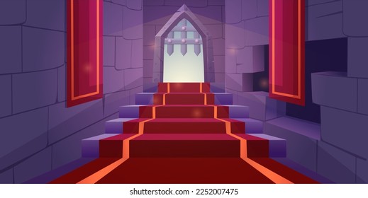 Brick castle wall. Dungeon stairs. Medieval interior with window and arch gate. Vintage wood house. Computer architecture. Red carpet or flag. Magic interior. Vector cartoon recent backdrop