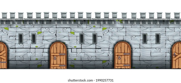 Brick castle wall, vector seamless stone texture, medieval palace fortification, wooden door, loopholes. Old architecture background, fortress game illustration. Castle wall exterior design, city gate