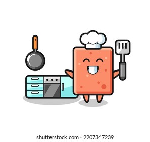 brick character illustration as a chef is cooking , cute design