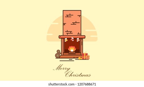 Brick chimney christmas background with fire, gift, ball, wood and sock for merry christmas greetings and happy new year. Flat and vector design fireplace for christmas with smooth background.