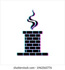 Brick Chimney Glitch Icon, Smoke, Roof Chimney Vector Art Illustration