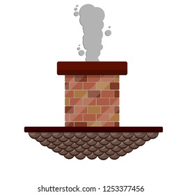 Brick chimney of a house with gray smoke. Tiled brown roof. The top of the building with an air duct. Cartoon flat illustration