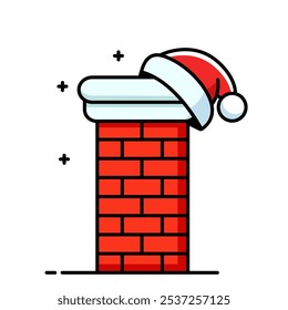 Brick chimney with Santa Claus hat for Christmas and New Year.  template on white background.