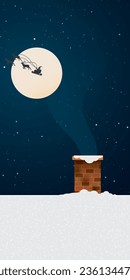 Brick chimney and smoke on the roof which cover by snow in christmas night have Santa Clause's sleigh flying through fullmoon background vertical vector illustration.