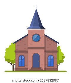 Brick church building with cross, steeple, arched windows and blue door stands among green trees under a clear sky, representing faith, community, and architectural heritage