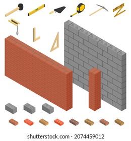 Brick And Cinder Block Wall With Mason Tool. 3d Isometric Style, Vector Illustration.