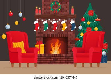 Brick classic fireplace with socks, christmas tree, candle, balls, gifts and wreath. Cozy interior with fireplace and armchairs. Сhristmas, New Year holiday. Vector illustration in flat style