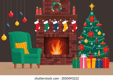 Brick classic fireplace with socks, christmas tree, candle, balls, gifts and wreath. Cozy interior with fireplace and armchair. Сhristmas, New Year holiday. Vector illustration in flat style