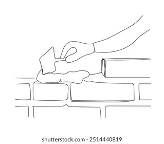 Brick, construction, building walls, building materials. A man is building a brick wall. Lay a brick. Day of builder. One line drawing for different uses. Vector illustration. 