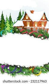 Brick cottage with a smoking chimney among pine forest. Abstract Christmas background