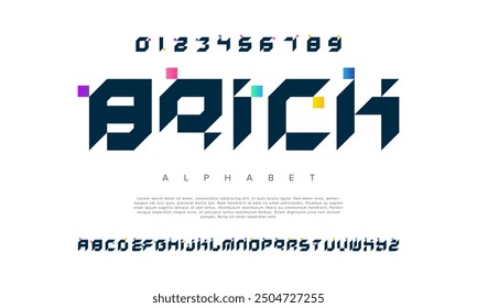 Brick creative modern geometric urban alphabet font. Digital abstract futuristic, game, techno, robot, music, logo, sport, minimal technology typography. Simple numeric vector illustration