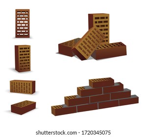Brick different foreshortening, top and front. brown bricks on white background. Ceramic blocks from a new development in the construction sector. Brick wall vector