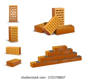 Brick different foreshortening, top and front. orenge bricks on white background. Ceramic blocks from a new development in the construction sector. Brick wall vector