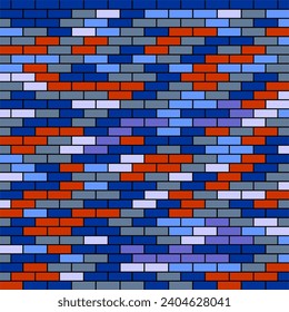 Brick effect in green, blue, light blue, red, gray and lilac colors, decoration for kitchen and leisure area, vector displacement texture