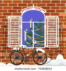 A Brick Facade Of A House With A Window In Which The Christmas Tree Is Visible. Under The Window Is A Bicycle Covered With Snow. Vector Illustration