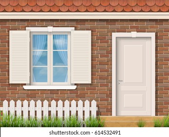 Brick facade of the old building with a white window and a door. Red tile roof. Front garden near entrance of the house. Vector detailed illustration. svg