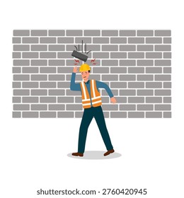 Brick falling on worker head with safety helmet. Safety first awareness, accident caution at industrial, construction site. Vector.