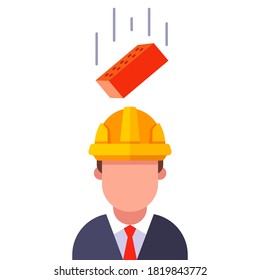 a brick falls on the head of a man in a helmet. flat vector character illustration.