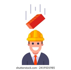 a brick falls on the head of a man in a helmet. flat vector illustration.