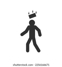 el ladrillo cae sobre el icono de la cabeza de la persona. Precaución al caer objetos. Símbolo blanco y negro monocromo