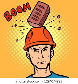 brick fell on the helmet Builder. Comic cartoon pop art retro vector illustration drawing