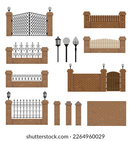 Zaunelemente, Säulen, Laternen, Tore aus Metall und Holz und Zierteile. Vektorgrafik.