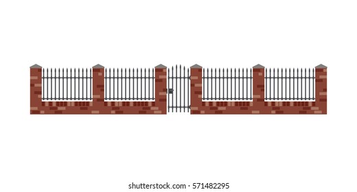 Brick fence and gate in flat style. Brickwal with metal bars.