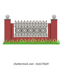 Brick fence with pillars and decorative grille. Element to use in manor, house or garden fence. Isolated object on white background. Vector illustration