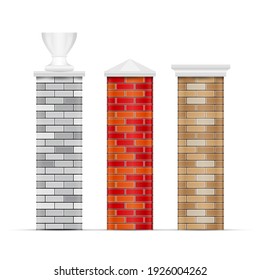 Brick Fence Posts With Caps. 3D Vector Illustration Isolated On White.