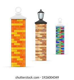 Brick fence posts with caps. 3D vector illustration isolated on white.