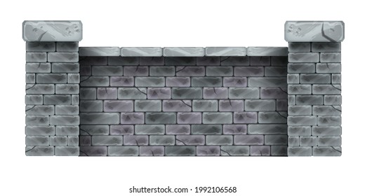 Brick fence vector illustration, stone house garden barrier, rock pillars, exterior gray cracked tiles. 2D castle outdoor game design element, street boundary isolated on white. Brick fence front view