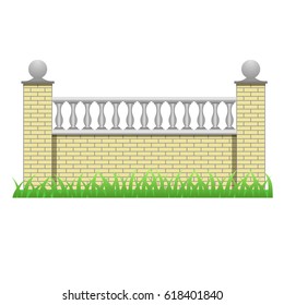 Brick fence wall decorated with balusters. Element to use as manor, house or garden fence in landscape scene design. Isolated object on white background. Vector illustration