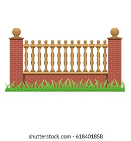 Brick fence wall decorated with balusters. Element to use as manor, house or garden fence in landscape scene design. Isolated object on white background. Vector illustration
