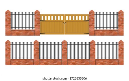 Brick fence with wooden gate vector illustration isolated on white background