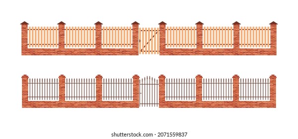 Brick fence. Wooden, metal and brick fence with gate. Barrier for garden, farm and house. Door for enclosure and protection. Wood or stone wall for boundary of yard. Vertical partition. Vector.