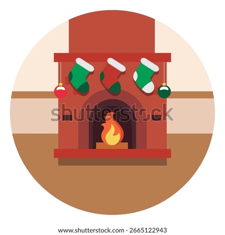 Brick fireplace with burning fire and green red stockings hanging above. Vector illustration.