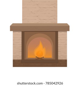 Brick fireplace with a burning fire. Home. Interior element.