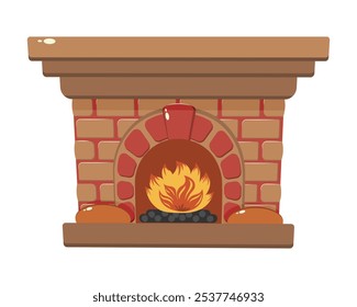 Brick fireplace with burning fire and logs on the hearth. Cozy home interior element illustration. Winter warmth and relaxation concept. Design for greeting card, poster, banner, and decoration.