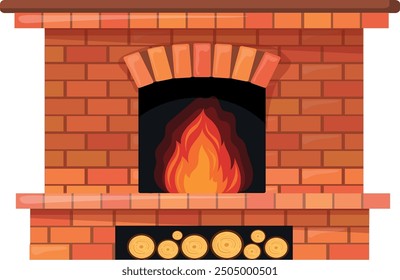 Brick fireplace with burning firewood. Cartoon home fire isolated on white background