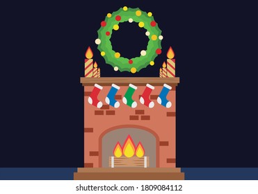 Brick fireplace with Christmas lights and garlands.