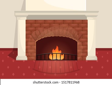 Brick fireplace in classic interior with white decorative elements. Heat from the fire in the apartment.